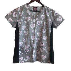 Divine by JDM Women Scrub Top M Gray Owl Print V Neck Nurse Casual Workwear